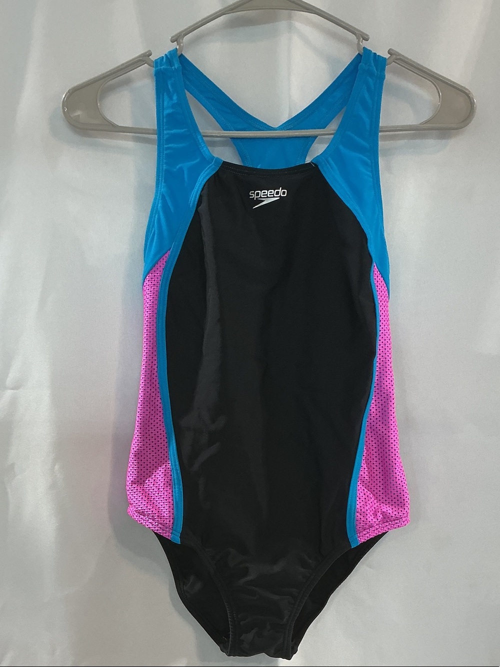 Speedo Black One-Piece with Blue Straps and Pink Side Panels